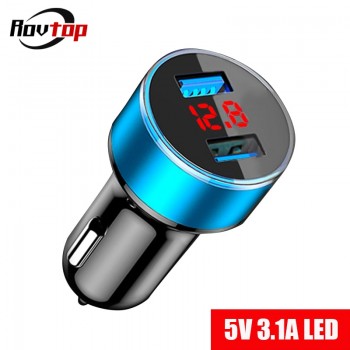 Rovtop Universal Fast Dual USB Car Charger Adapter LED Display 5V 3.1A Auto ABS USB Car Phone Charger for iPhone Mobile Phone