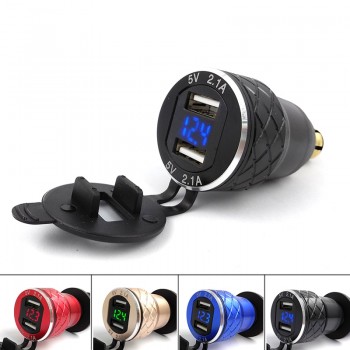 Aluminum Alloy Metal Shell CNC Motorcycle Dual USB Charger DIN Socket 4.2A Voltmeter for BMW Motorcycle 12-24V Red Blue Green