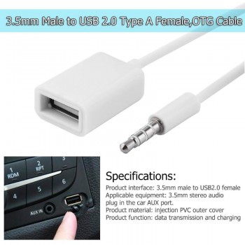 3.5mm Male Audio AUX Jack to USB 2.0 Type A Female OTG Converter Adapter Cable Wire Cord Stereo Audio Plug Car Accessories