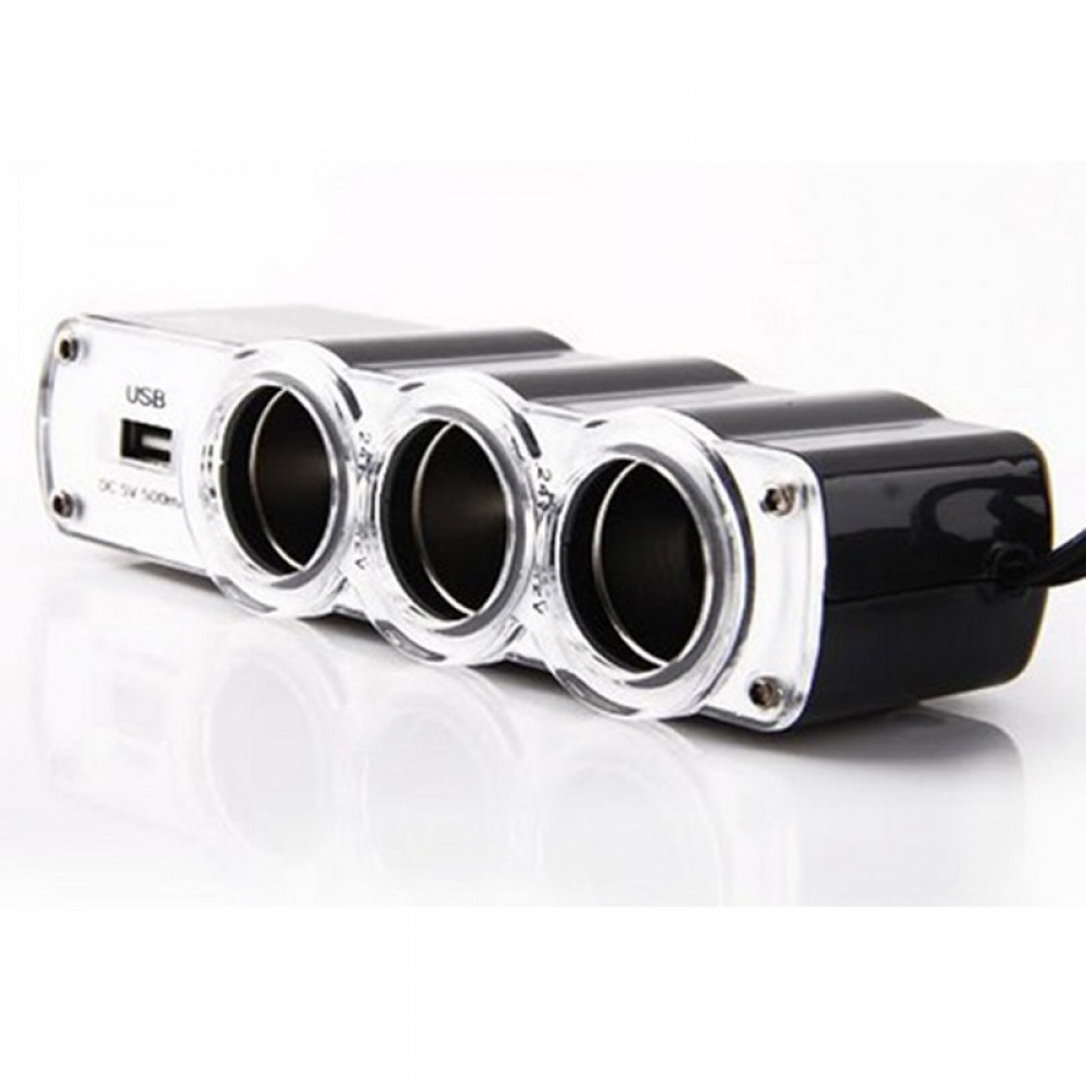 1 USB Charger Supply and 3 Socket Car Cigarette Lighter Extender Splitter