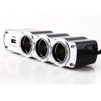 1 USB Charger Supply and 3 Socket Car Cigarette Lighter Extender Splitter