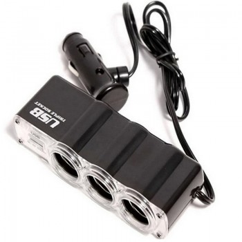 1 USB Charger Supply and 3 Socket Car Cigarette Lighter Extender Splitter