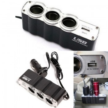 1 USB Charger Supply and 3 Socket Car Cigarette Lighter Extender Splitter