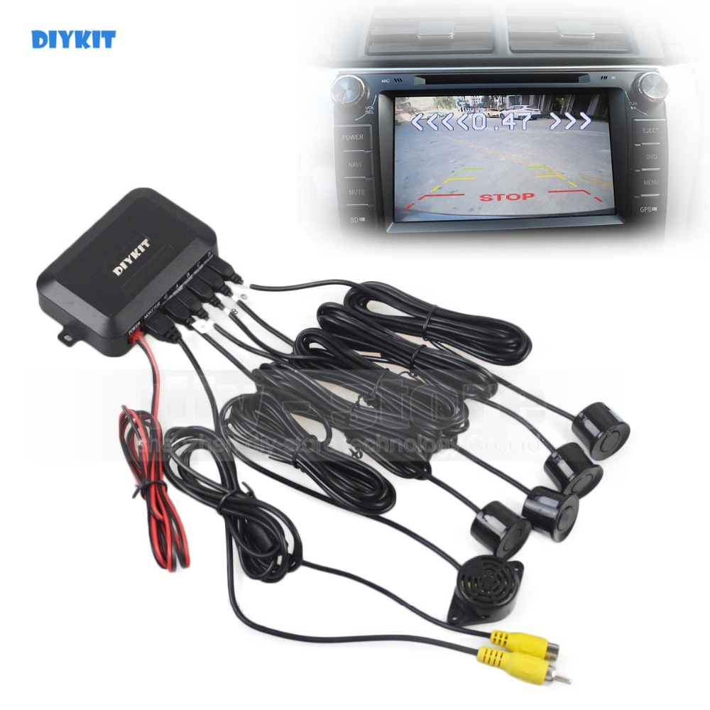 DIYKIT Car Reverse Video Parking Radar 4 Sensor Rear View Backup Security System Sound Buzzer Alert Alarm for Camera Car Monitor
