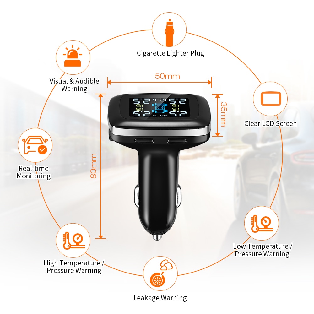 Car TPMS Cigarette Lighter Plug USB Tire Pressure Monitoring System 4 External Sensor LCD Display Tyre Detector for Honda Toyota