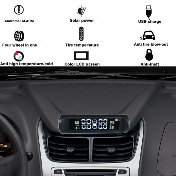 Hippcron Tire Pressure Alarm Sensor Monitor System Tpms Car Display Internal / External Solar Power Charging Temperature Warning