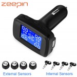 Car Smart TPMS Tyre Pressure Monitoring System 4 External / Internal Sensors Cigarette Lighter USB Realtime Tire Alarm PSI BAR