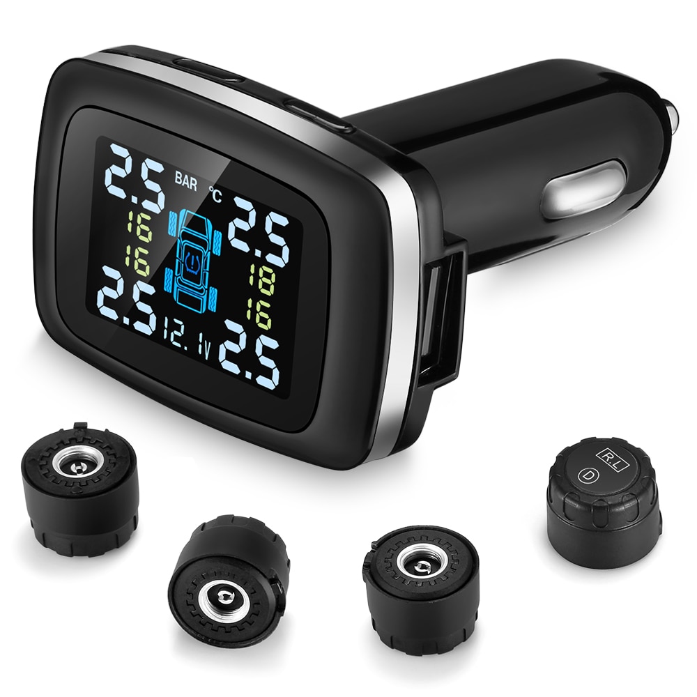 C100 Car Tire Pressure Monitoring System Cigarette Lighter Plug TPMS LCD Display Waterproof 4 External Sensors USB Charging