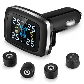 C100 Car Tire Pressure Monitoring System Cigarette Lighter Plug TPMS LCD Display Waterproof 4 External Sensors USB Charging