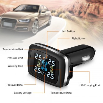 C100 Car Tire Pressure Monitoring System Cigarette Lighter Plug TPMS LCD Display Waterproof 4 External Sensors USB Charging