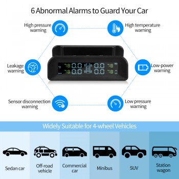 ZEEPIN C260 Tire Pressure Monitoring System Solar TPMS Universal Real-time Tester LCD Screen with 4 External Internal Sensors