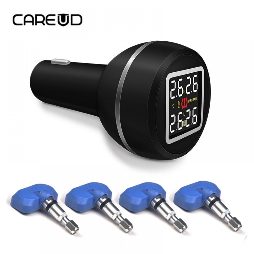 CAREUD D580 Cigarette Lighter Auto Alarming TPMS Tire Pressure Monitoring System with USB Socket 4 Internal / External Sensors