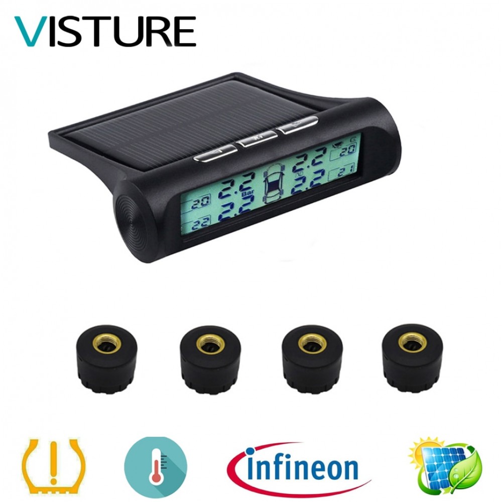 Solar TPMS  Visture D01W Tire Pressure Alarm Monitor System Car Display 4 External Sensor Alert Temperature Warning
