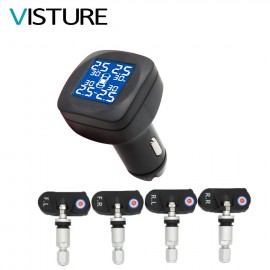 TPMS Visture T05N Car Tire Pressure Alarm Monitor System LCD Display 4 Internal Sensor Temperature Alarm Cigarette Port Plug
