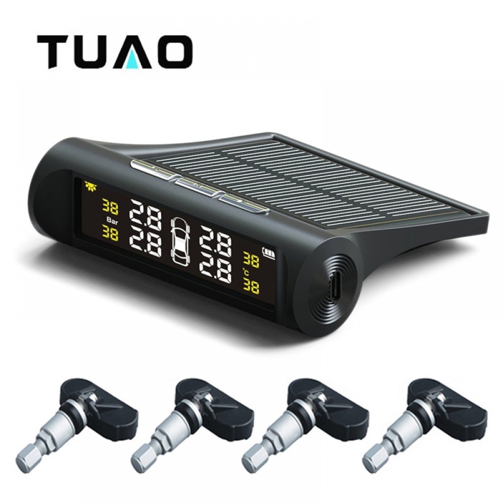 TUAO Smart Car TPMS Tire Pressure Monitoring System Solar Power Charging  LCD Display Tyre pressure sensor Auto alarm system