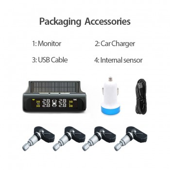 TUAO Smart Car TPMS Tire Pressure Monitoring System Solar Power Charging  LCD Display Tyre pressure sensor Auto alarm system