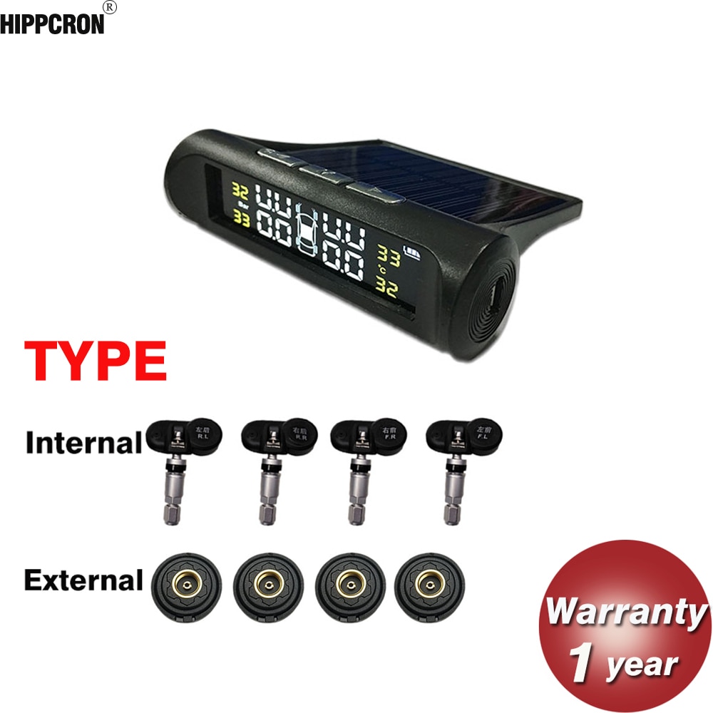 Hippcron Tire Pressure Alarm Sensor Monitor System Internal / External Tpms Car Display Temperature Warning Solar Power Charging