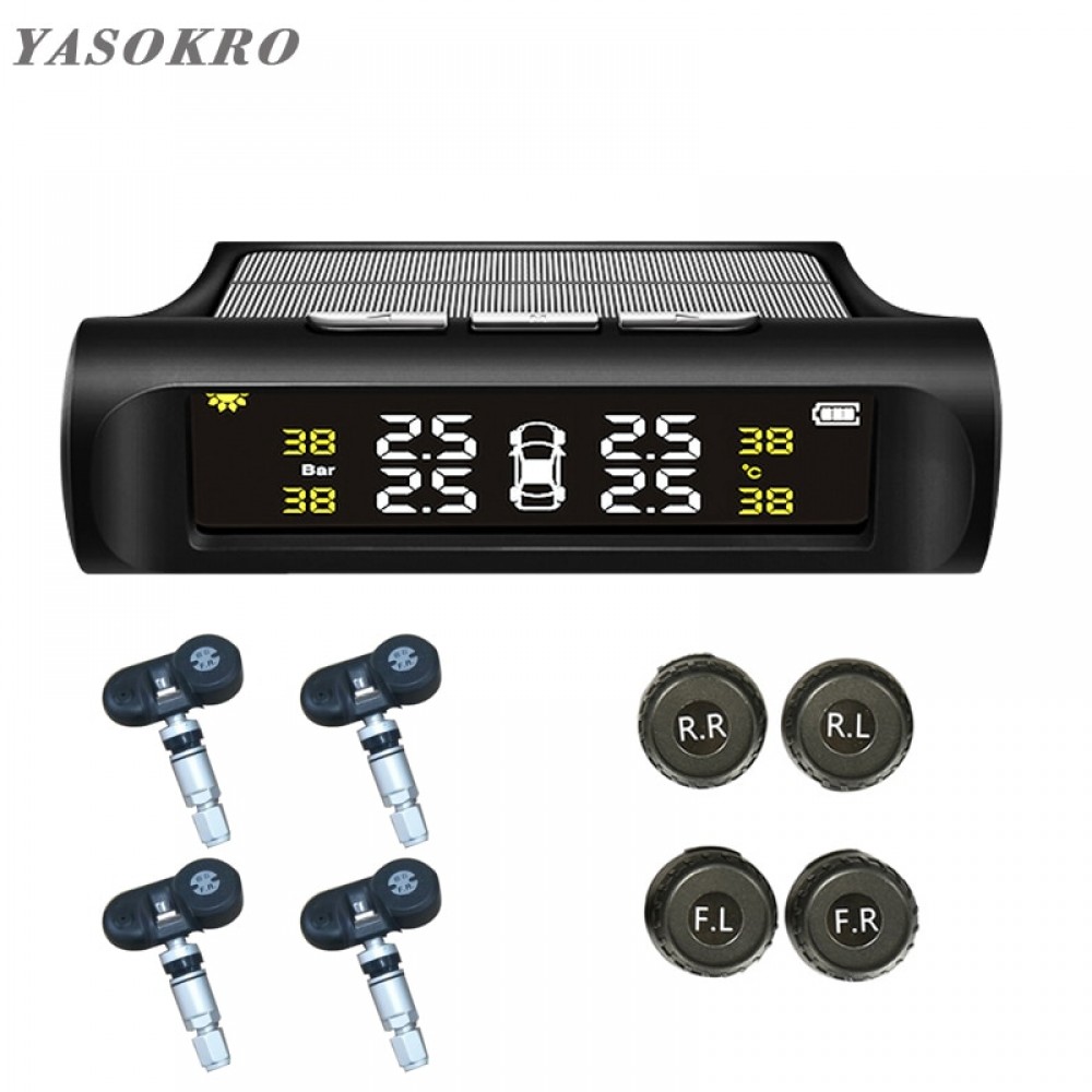 YASOKRO Solar TPMS Car Tire Pressure Alarm Monitor System Solar Charging LCD Display 4 External Sensor Temperature Sensor