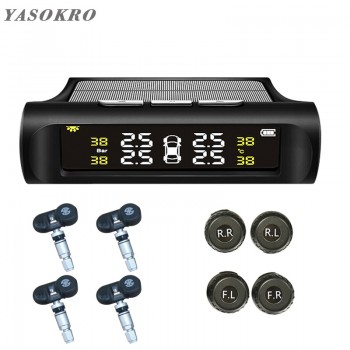 YASOKRO Solar TPMS Car Tire Pressure Alarm Monitor System Solar Charging LCD Display 4 External Sensor Temperature Sensor