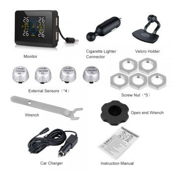 CAREUD U906C 2 USB Ports for Phone Charge Car Wireless TPMS Tire Pressure Monitor System+4 External Replaceable Battery Sensors