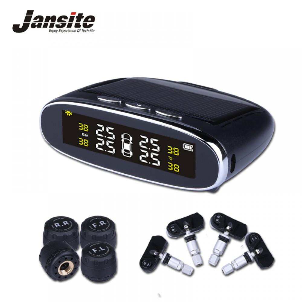 Jansite Car Solar Powered TPMS Car Tire Pressure Monitor System Wireless 4 External or Internal Sensors Color digital screen