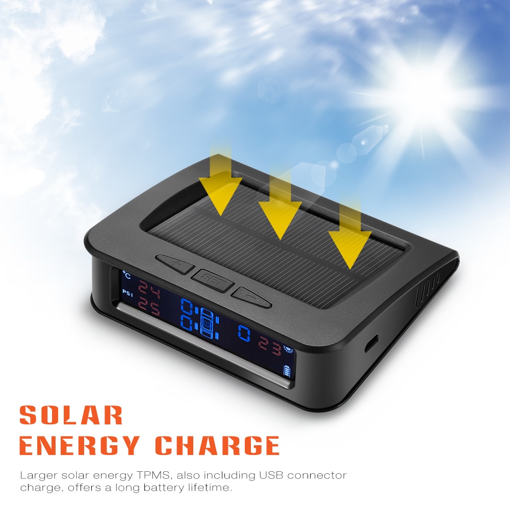 Rectangle Solar Powered TPMS Car Tire Pressure Monitor System 4 External Sensors Temperature Real Time Digital Display Alarm