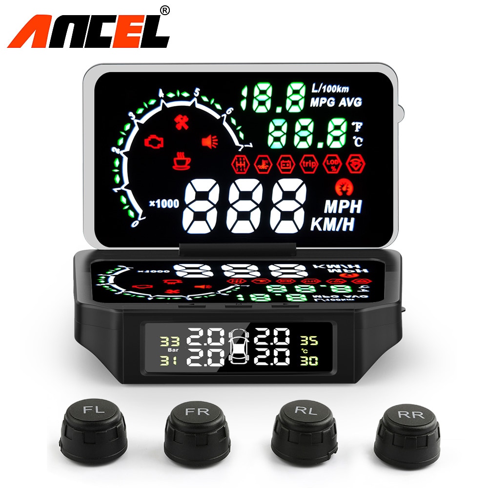Ancel OBD2 Car HUD TPMS Tire Pressure Monitor Diagnostic Speed Temperature Mileage Fuel Consumption OBD2 Driving Computer