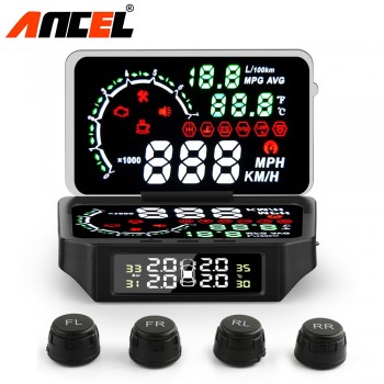 Ancel OBD2 Car HUD TPMS Tire Pressure Monitor Diagnostic Speed Temperature Mileage Fuel Consumption OBD2 Driving Computer