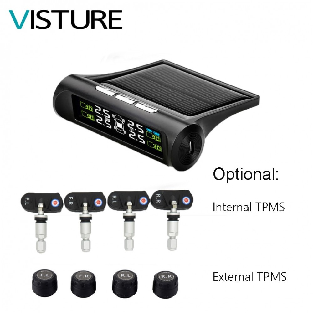 Solar TPMS Tire Pressure Alarm Monitor System Wireless 4 Internal / External Sensor Car Temperature Solar Power T06N T06W