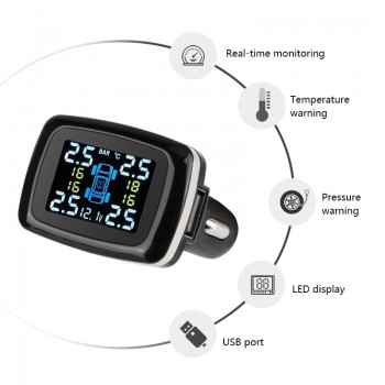 Jansite Car TPMS Tire Pressure Monitoring System USB port Display Screen four Sensors Cigarette Lighter Real Time Auto Detectors