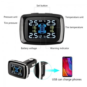 Jansite Car TPMS Tire Pressure Monitoring System USB port Display Screen four Sensors Cigarette Lighter Real Time Auto Detectors