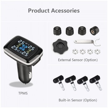 Jansite Car TPMS Tire Pressure Monitoring System USB port Display Screen four Sensors Cigarette Lighter Real Time Auto Detectors