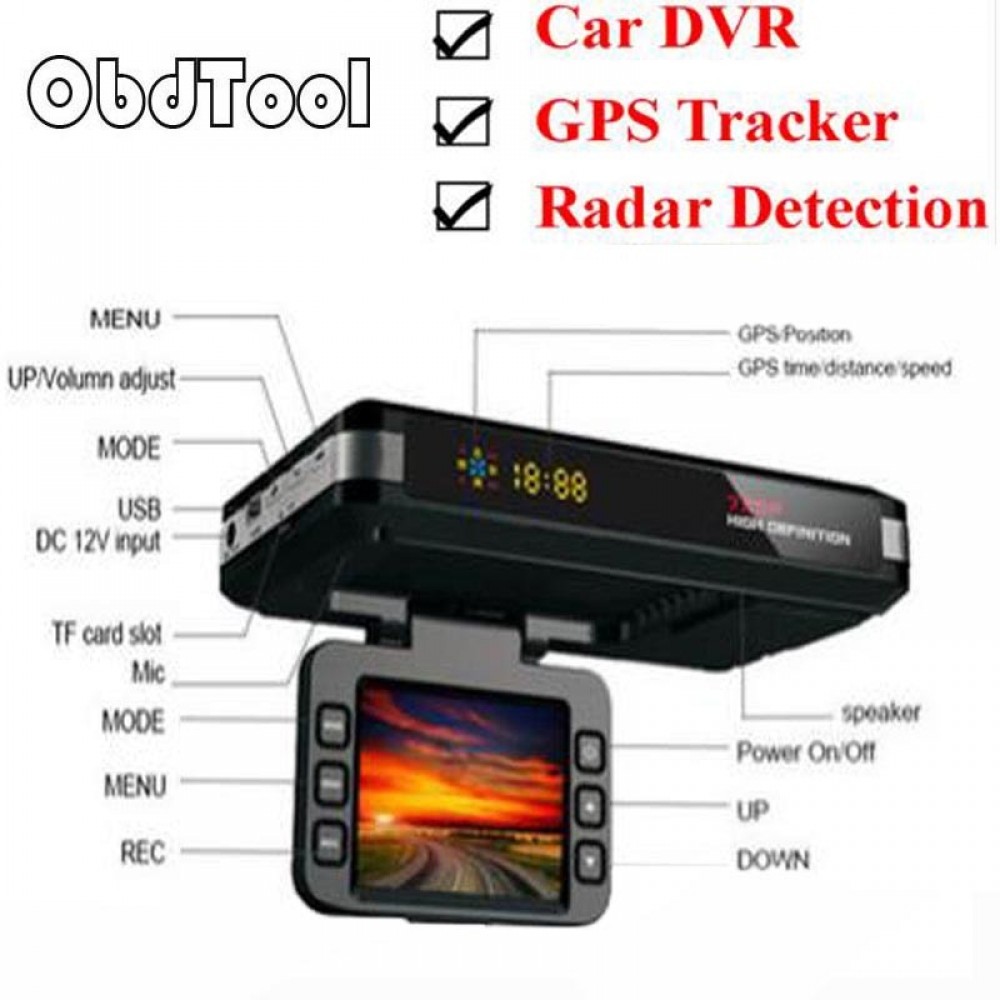 ObdTooL 3 In 1 Car DVR Anti Radar Detector Full Bands GPS Camera Tracker G-sensor Dual Camera Loop Recording Dash Cam