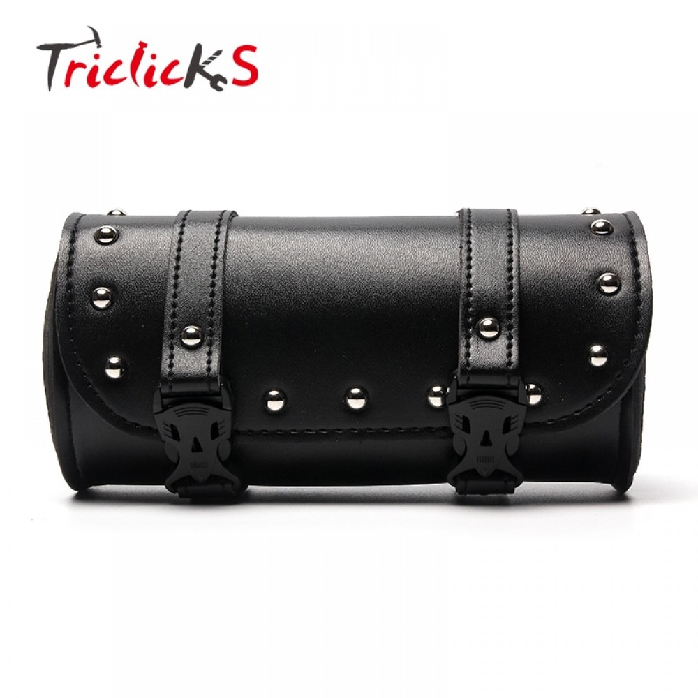 Triclicks Black Motorcycle Handlebar Sissy Bar Saddlebag Roll Barrel Tool Bag PU Leather Saddlebags New For Yamaha Harley Suzuki