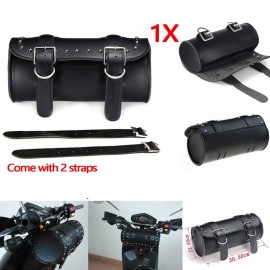 Motorcycle Black Front/Rear PU Leather Luggage Saddlebag Roll Barrel Tool Bag Pouch Universal For Harley with Mount Straps