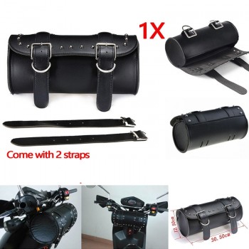 Motorcycle Black Front/Rear PU Leather Luggage Saddlebag Roll Barrel Tool Bag Pouch Universal For Harley with Mount Straps