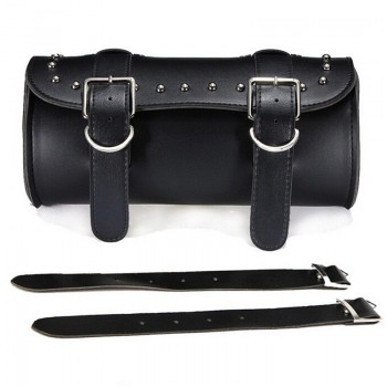 Motorcycle Black Front/Rear PU Leather Luggage Saddlebag Roll Barrel Tool Bag Pouch Universal For Harley with Mount Straps