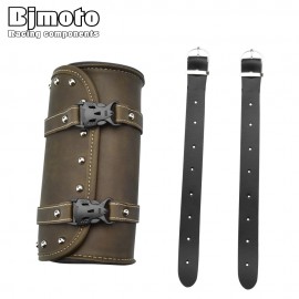 BJMOTO Universal Motorcycle Saddle Bags Fork Tool PU Leather Bag Luggage Handlebar Bag Tail Bags Roll Shape Motocross Saddlebag