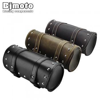BJMOTO Universal Motorcycle Saddle Bags Fork Tool PU Leather Bag Luggage Handlebar Bag Tail Bags Roll Shape Motocross Saddlebag