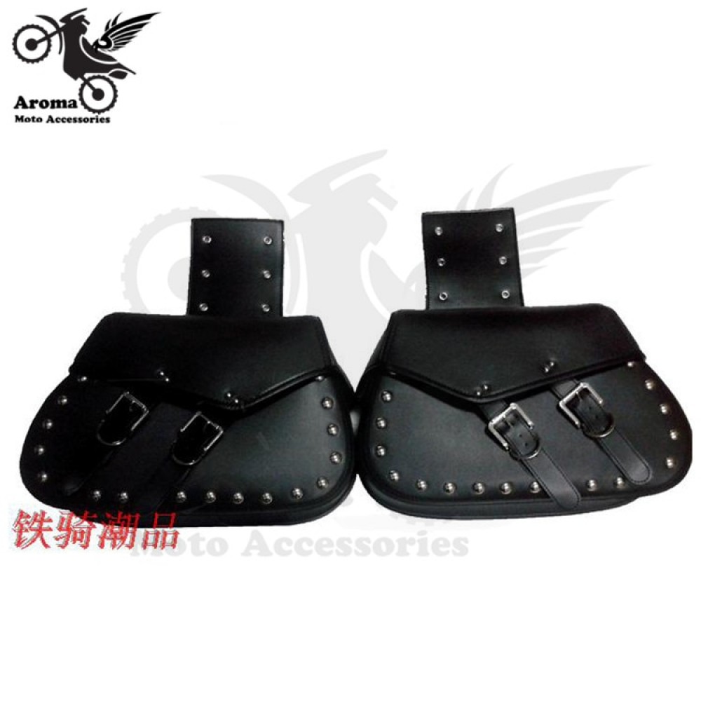 big size leather moto bag with rivet universal for honda suzuki yamaha Harley motorbike luggage bag cruise motorcycle saddle bag