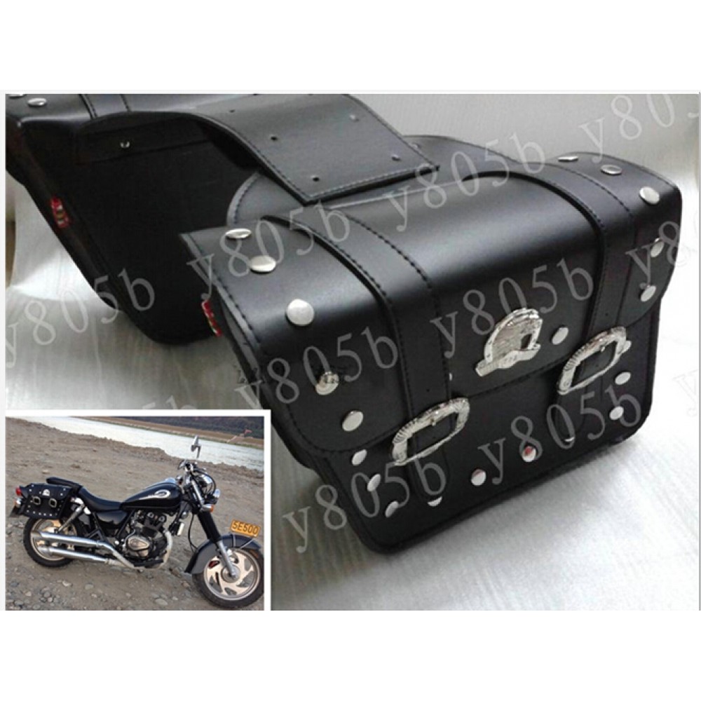 Black PU Leather Side Bag Saddle Bags For Honda Yamaha Suzuki Kawasaki Harley Bobber Custom Chopper Cruisers Street Bike