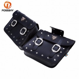 POSSBAY1Pair Black PU Leather Motorcycle Luggage Bags Saddle Side Bag for Harley Sportster Touring Storage Pouch Side Saddlebags