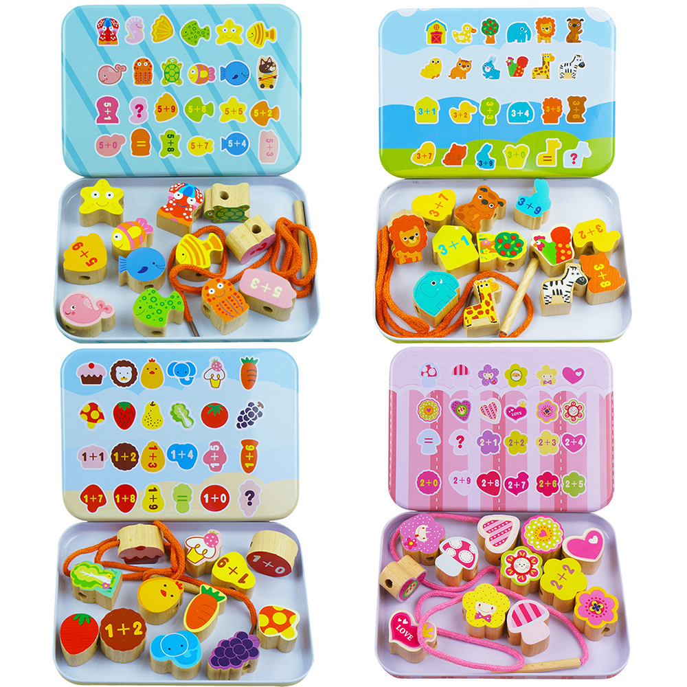 Beads Toys  Animals Fruit Beech Wood Block Wooden Toys Stringing Threading Beads Game Early Education Toy for Baby Kids Children