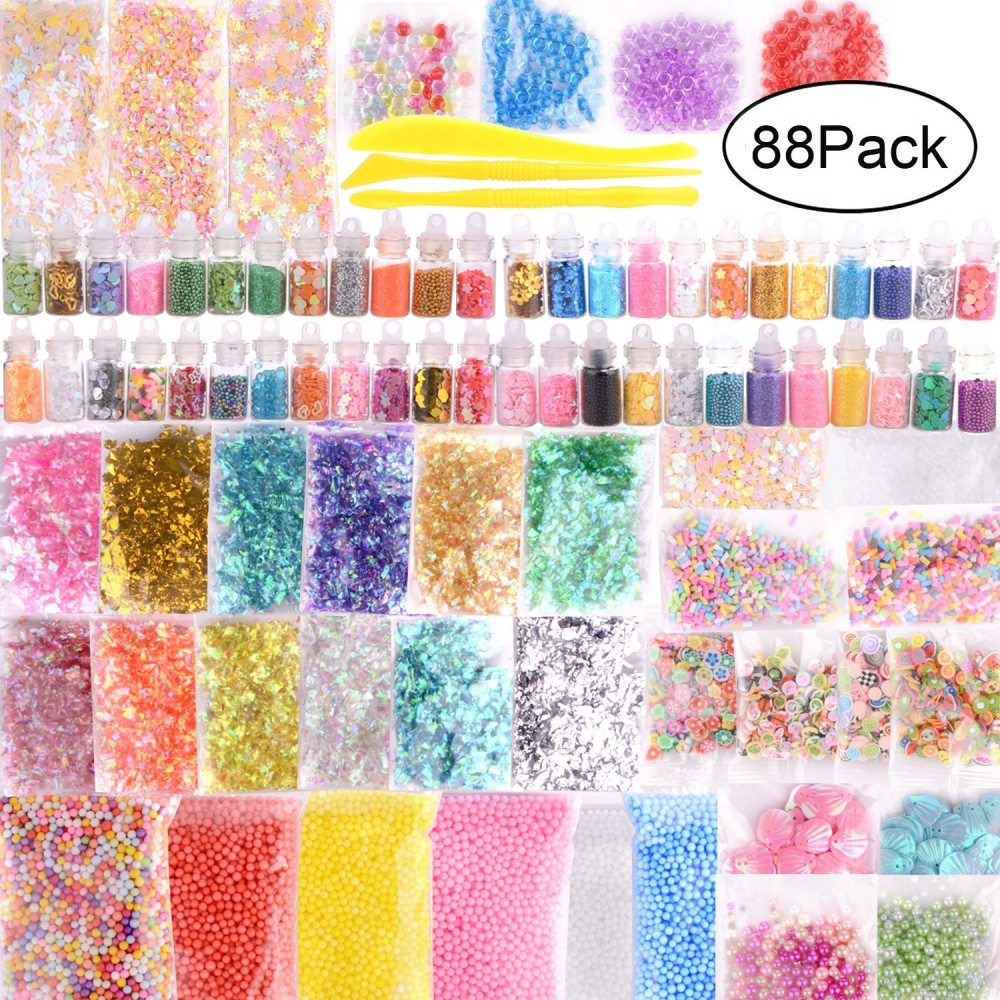88Pcs 3D Fluffy Foam Slime Foam Balls Kids Toys DIY Craft Slime Supplies Kit Floam Beads Glitter Slices Rainbow Pearl