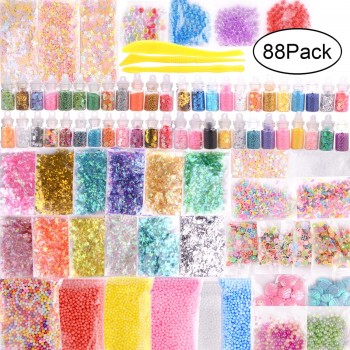 88Pcs 3D Fluffy Foam Slime Foam Balls Kids Toys DIY Craft Slime Supplies Kit Floam Beads Glitter Slices Rainbow Pearl
