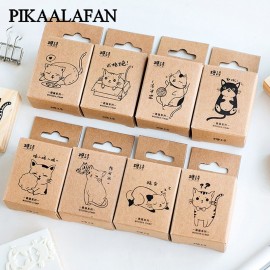 PIKAALAFAN Cute Cat Series Boxes Wood Stamp Scrapbook DIY Photo Album Card Decoration Craft Wooden Rubber  Stamp Toy