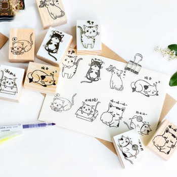 PIKAALAFAN Cute Cat Series Boxes Wood Stamp Scrapbook DIY Photo Album Card Decoration Craft Wooden Rubber  Stamp Toy