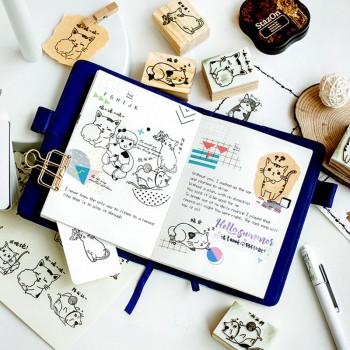 PIKAALAFAN Cute Cat Series Boxes Wood Stamp Scrapbook DIY Photo Album Card Decoration Craft Wooden Rubber  Stamp Toy