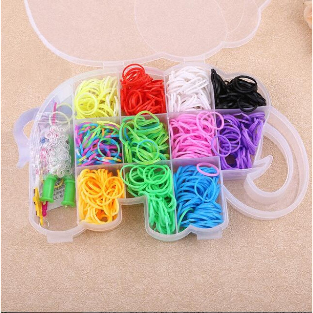 Elephant Shaped Boxed Rubber Loom Bands Kit for Kids DIY Bracelets Mix Colorful Rubber Bands 2 Hook+1 Tool+10 S Clips Band Set