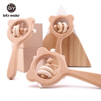 Lets Make Wooden Rattle Beech Bear Hand Teething Wooden Ring Baby Rattles Play Gym Montessori Stroller Toy Educational Toys